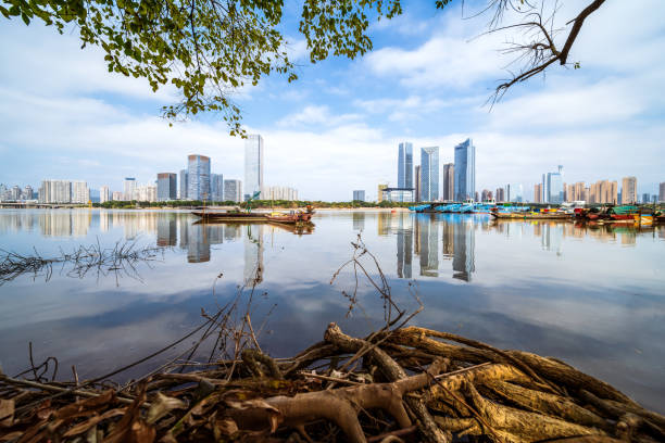 la scena cittadina del cbd sulla riva nord del fiume min, fuzhou city, provincia del fujian, cina - fuzhou foto e immagini stock