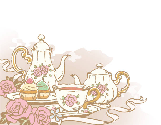 ティータイムオブジェクトの図。ヴィンテージスタイル。ベクターの図。 - tea cup illustrations点のイラスト素材／クリップアート素材／マンガ素材／アイコン素材