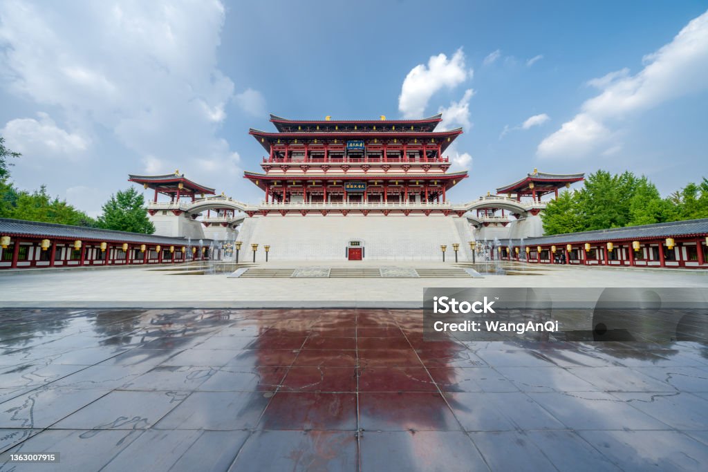 The Ziyun Tower was built in 727 AD and is the main building of the Datang Furong Garden, Xi'an, China.Translation:"Datang Furong Garden" Ancient Stock Photo