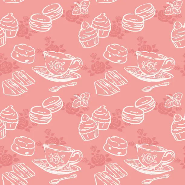 Vector illustration of Seamless pattern with tea time objects. Tea cups and pastries. Vector illustration.