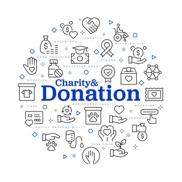 illustrazioni stock, clip art, cartoni animati e icone di tendenza di concetto di beneficenza e donazione. design vettoriale con icone e parole chiave. - gift charity and relief work giving human hand