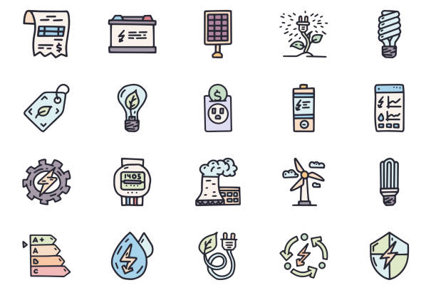illustrations, cliparts, dessins animés et icônes de économie d’énergie couleur vecteur doodle simple jeu d’icônes - production dénergie