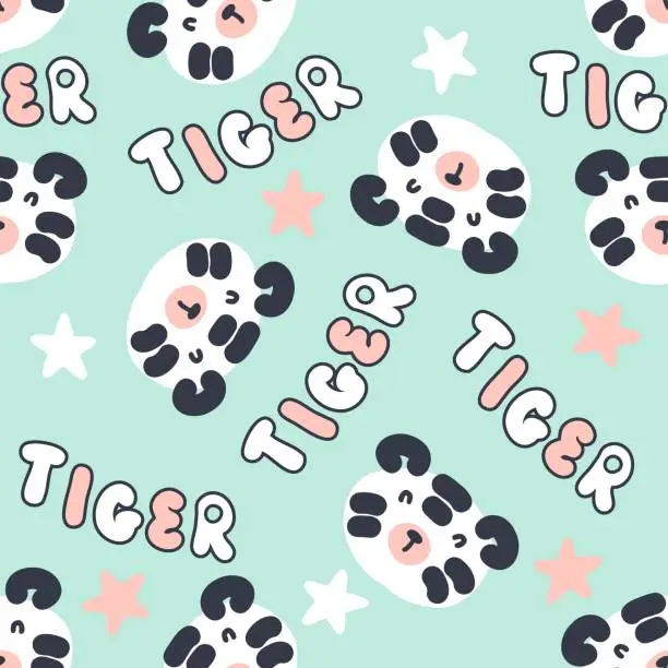 Vector illustration of Seamless pattern with tiger faces, stars and text TIGER. Perfect for T-shirt, textile and print. Hand drawn vector illustration for decor and design.