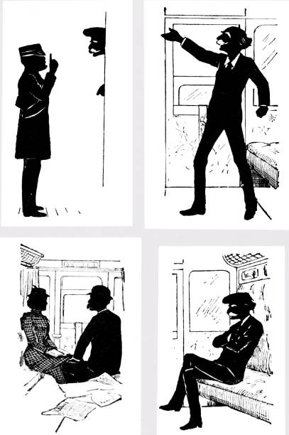 illustrazioni stock, clip art, cartoni animati e icone di tendenza di persone su un treno siluette - donna profilo braccia alzate