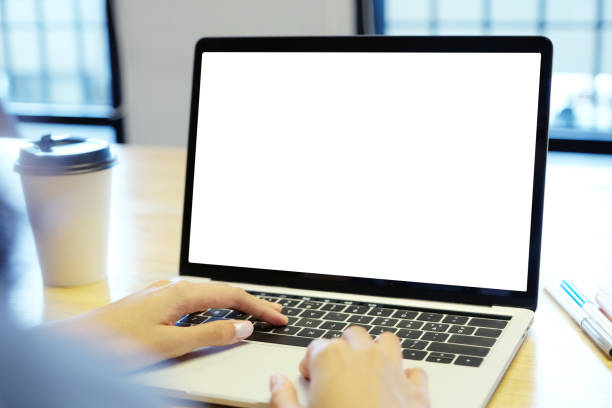istock Laptop computer screen mockup, template background, Woman hand typing laptop computer with blank screen, Business online, e commerce, online study concept 1363017663