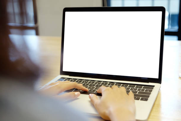 istock Laptop computer screen mockup, template background, Woman hand typing laptop computer with blank screen, Business online, e commerce, online study concept 1363017677