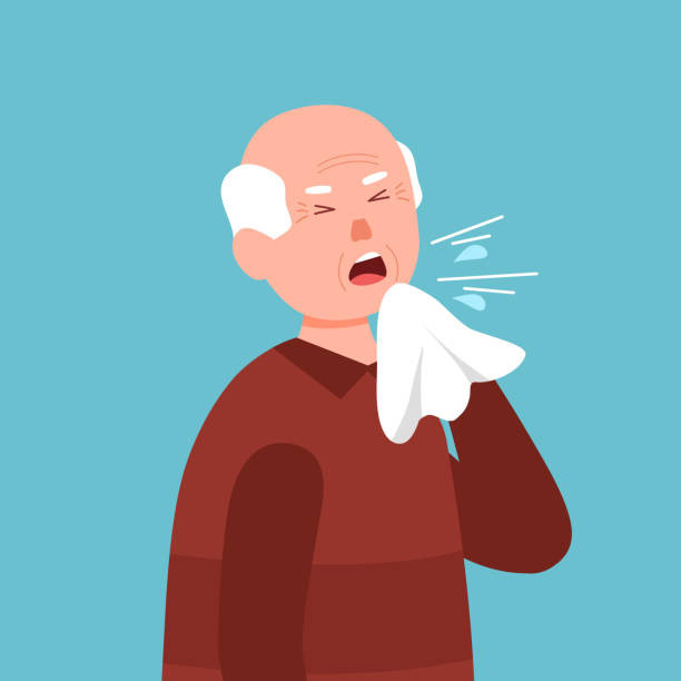 ilustraciones, imágenes clip art, dibujos animados e iconos de stock de ilustración vectorial del concepto de tos de hombre mayor. persona enferma de resfriado, gripe y virus, gripe en diseño plano. anciano sosteniendo pañuelo estornuda y tose. - neumonía