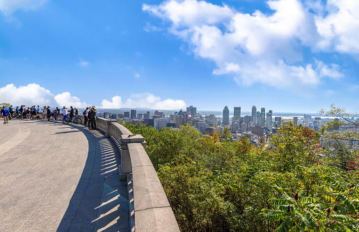 Montreal, Canad, 10 September 2021: Panoramic Belvedere Mount Royal, Chalet Mont Royal, a scenic lookout overseeing Montreal downtown skyline, a major tourist attraction