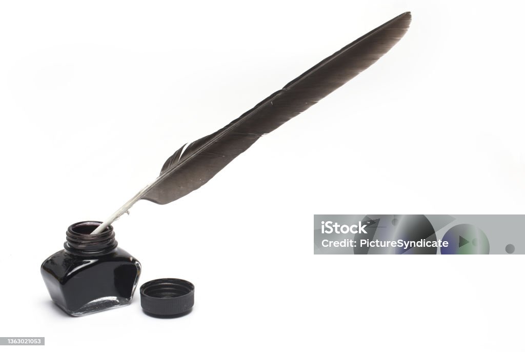 bird feather fountain pen inkwell white background Close up of natural bird feather used as fountain pen for writing with ink in dark inkwell ink bottle  on white background Ink Well Stock Photo