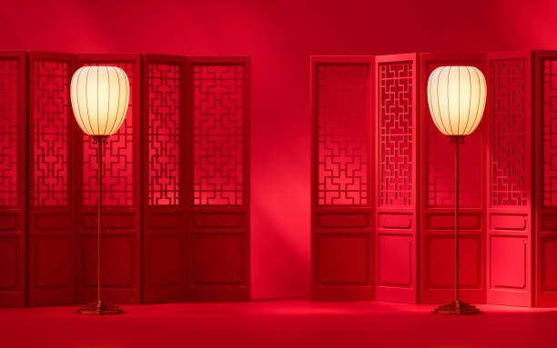 istock Chinese screen and lamp with red background, 3d rendering. 1363022000