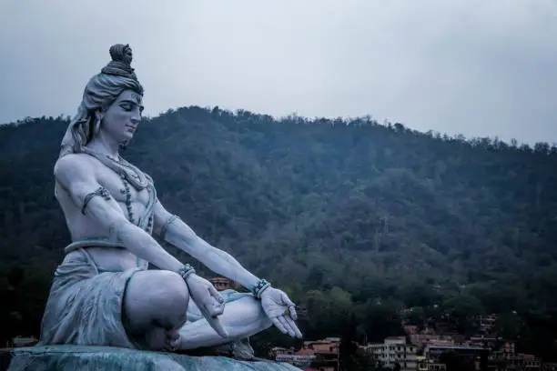 RISHIKESH, INDIA , Statue of Shiva, Hindu idol near Ganges River water, Rishikesh, India. The first Hindu God Shiva. Sacred places for pilgrims in Rishikesh