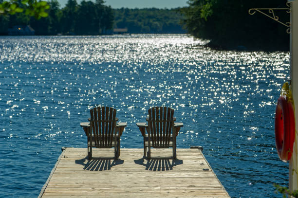 istock Sunrise on empty Adirondack chairs facing a lake in Muskoka 1363024011