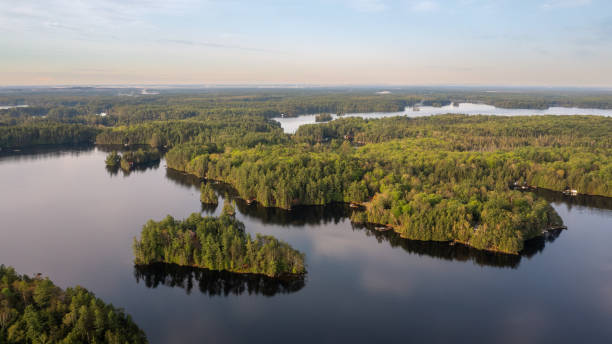 Aerial view of a lake in Muskoka, Canada. stock photo