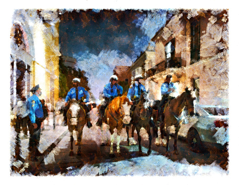 Mounted police on horses at the French Quarter, New Orleans digital manipulation