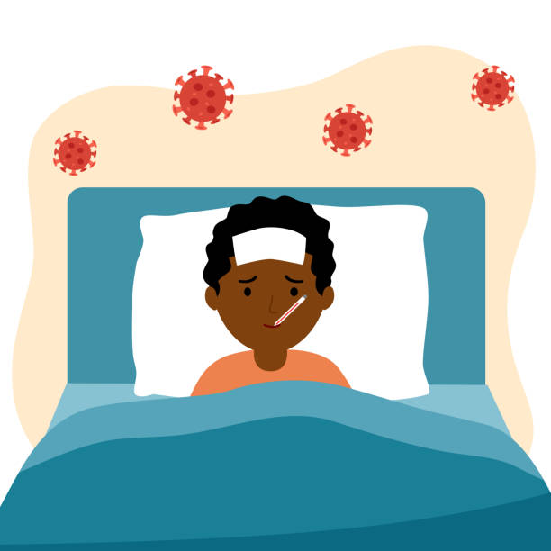 illustrazioni stock, clip art, cartoni animati e icone di tendenza di bambini africani affetti da influenza a letto sotto coperta. i bambini malati hanno la febbre e prendono il termometro in bocca. vignetta sui sintomi dell'influenza o dell'allergia fredda. trattamento dell'influenza. infezione da coronavirus covid-19. - child fever illness thermometer