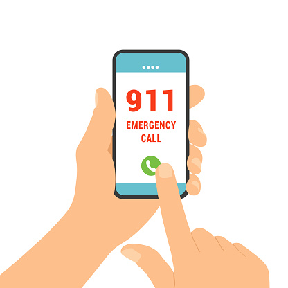 Flat design illustration of male hand holding smartphone. Emergency call for help on the phone number 911 - vector