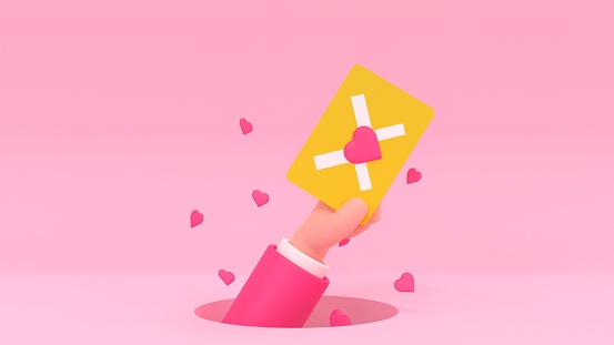 Love letter. Cartoon human hand with envelope and hearts. 3d render illustration