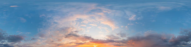 istock Dark blue sunset sky panorama with Cirrus clouds. Seamless hdr pano in spherical equirectangular format. Complete zenith for 3D visualization, game and sky replacement for aerial drone 360 panoramas 1363028425
