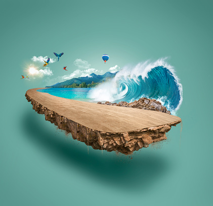 Ilustración 3d de publicidad todoterreno. playa tropical todoterreno aislada. Antecedentes de viajes y vacaciones. photo