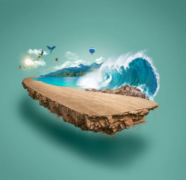 illustrazione 3d della pubblicità fuoristrada. spiaggia tropicale fuoristrada isolata. background di viaggi e vacanze. - mud terrain foto e immagini stock