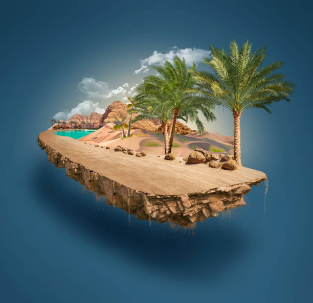 ilustracja 3d kawałka pustyni odizolowanej, kreatywnej podróży i turystyki off-road design z palmami. niezwykła ilustracja - oasis sand sand dune desert zdjęcia i obrazy z banku zdjęć