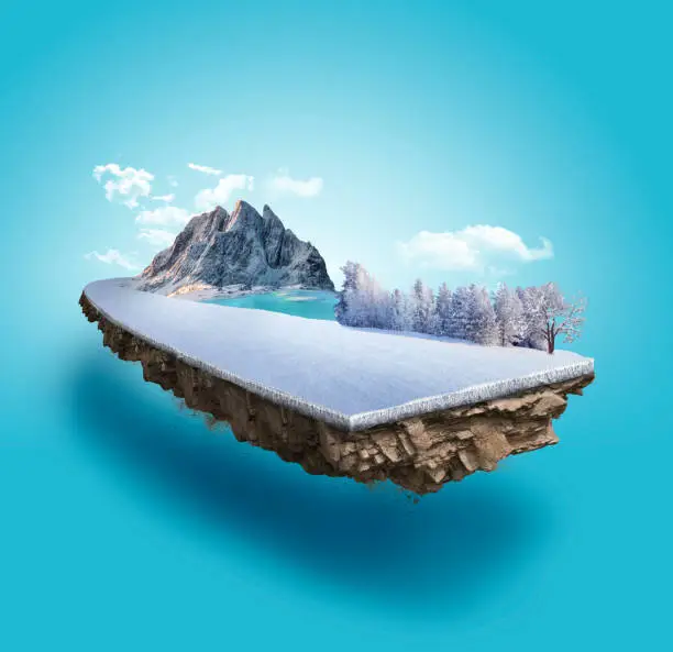 Photo of 3d illustration of snowy road advertisement. snow road with mountains isolated. Travel and vacation background.