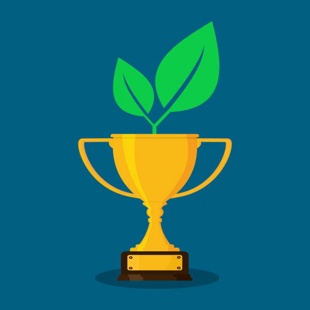 istock Trophies and trees. Reward and Growth Concept. reward logo vector 1363037679