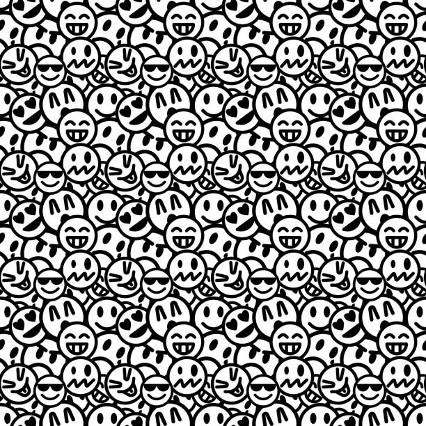 Funny seamless pattern of icons - Smilies and emoticons. Funny seamless pattern of icons - Smilies and emoticons. background of the sad face black and white stock illustrations