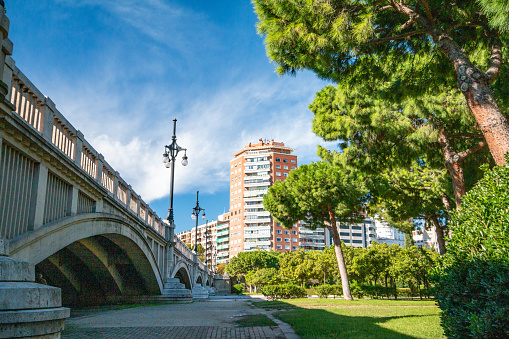 Bridge over Turia Riverbed Gardens in Valencia, Spain, with apartment blocks in the background