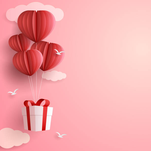 Balloons and gifts are floating in the sky, vector illustration of love and valentine day with heart baloon, gift and clouds. Paper cut style. Vector illustration origami hand stock illustrations