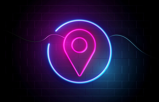 Pin icon neon sign illuminated with blue and purple lights. Navigation Concept.