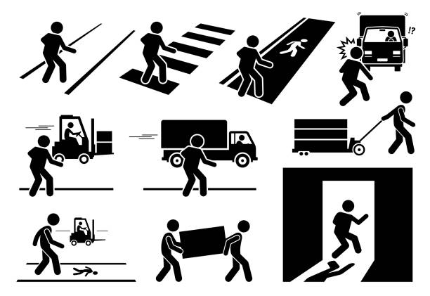 Road safety walkway and heavy vehicle loading bay. Warning sign, danger risk symbol, and safety precaution at workplace. People road crossing, docking bay, lorry forklift moving, and emergency exit. pedestrian stock illustrations