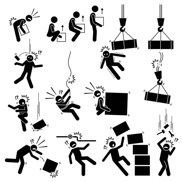Warning sign, danger risk symbol, and safety precaution at workplace. Vector illustrations pictogram of manual handling, dangerous object things falling from above and dropping boxes hazard. man holding sign above head stock illustrations