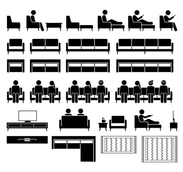 Sofa couch seating chair seater with people sitting. Vector illustrations icons pictogram of man and woman sitting on sofa and chair with footstool, coffee table, tv cabinet rack, and carpet rug. couch side view stock illustrations