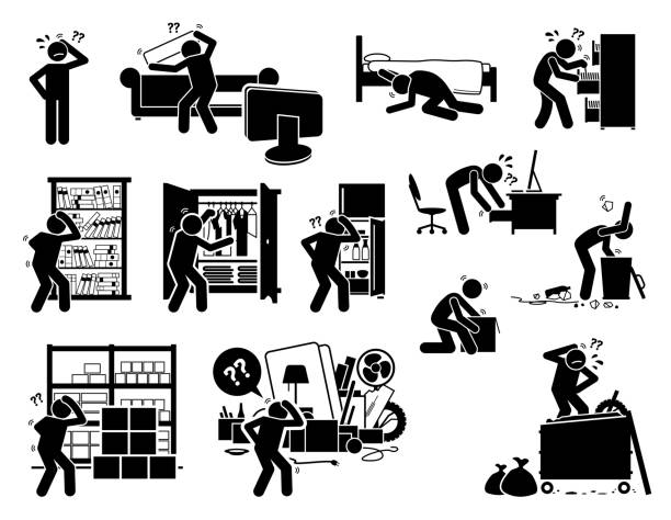 Man searching and finding lost things. Vector illustrations of stick figure search and find items at sofa, under the bed, cabinet, closet, book shelf, fridge, drawer, dustbin, storeroom, garbage bin. lost icon stock illustrations