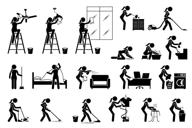 ilustrações, clipart, desenhos animados e ícones de mulher limpando casa de limpeza. - mattress cleaning vacuum cleaner housework