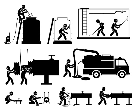 Vector illustrations of cleaner worker and engineer washing water tank, pigging pipeline to unclog clogged pipe, and clean sewer.
