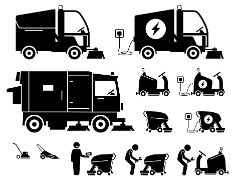 Vector illustrations of different type of road sweeper and cleaning vehicle machine.