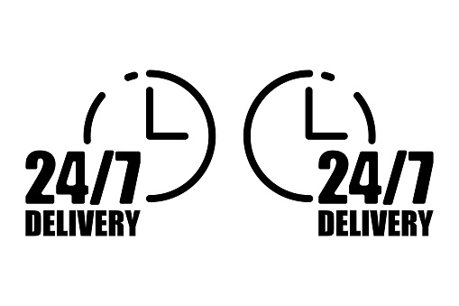 24/7 delivery icon. Two information sign. Clock symbol. Arrow element. Service concept. Vector illustration. Stock image. EPS 10.