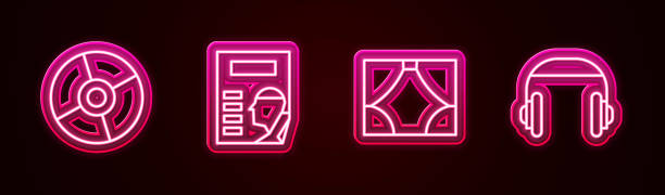 istock Set line CD or DVD disk, Cinema poster, Curtain and Headphones. Glowing neon icon. Vector 1363042276