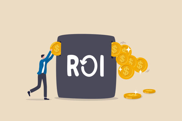 ROI, return on investment performance measure from cost invested and profit efficiency, marketing cost to get campaign success concept, businessman invest money coin in ROI box to get return profit. vector art illustration