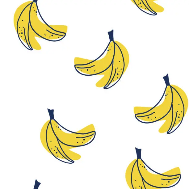 Vector illustration of Banana seamless pattern. Sweet fruit. Contour drawing with colored spots. Food background. For menus of restaurants, shops and printing, wallpaper, textile. Vector cartoon Illustration