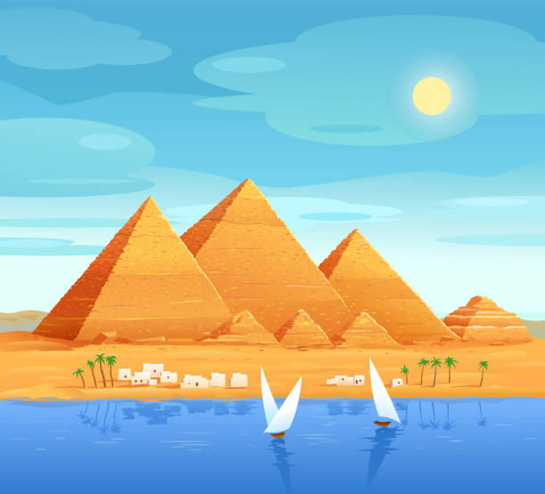 エジプトのピラミッド。川の上のエジプトのピラミッド。ギザのカイロにあるcheopsピラミッド。エジプトの石造りの構造。ベクトルの図 - pyramid cairo egypt tourism点のイラスト素材／クリップアート素材／マンガ素材／アイコン素材