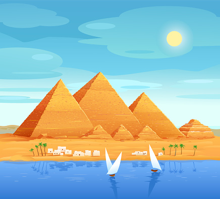 The pyramids of Egypt. Egyptian pyramids on the river. The Cheops Pyramid in Cairo, in Giza. Egyptian stone structures. Vector illustration