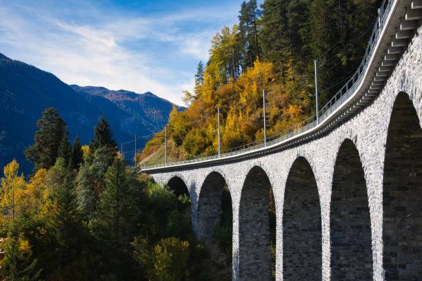 przejazd kolejowy landwasser viaduct landwasserviadukt, graubunden, szwajcaria, widok z doliny do mostu - world economic forum zdjęcia i obrazy z banku zdjęć