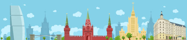 Panorama of Moscow with the Kremlin, the Stalinist skyscraper, a hotel. Sights of Moscow. Vector flat illustration Panorama of Moscow with the Kremlin, the Stalinist skyscraper, a hotel. Sights of Moscow. Vector flat illustration moscow stock illustrations