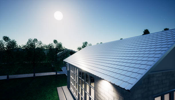 3d rendering of eco house at night. - solar panel solar power station house roof imagens e fotografias de stock