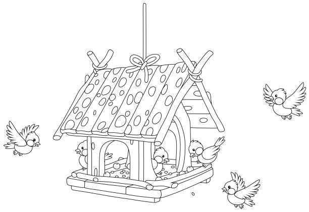 ilustrações, clipart, desenhos animados e ícones de pardais e titmice voando em torno de um alimentador de pássaros - bird feeder illustrations