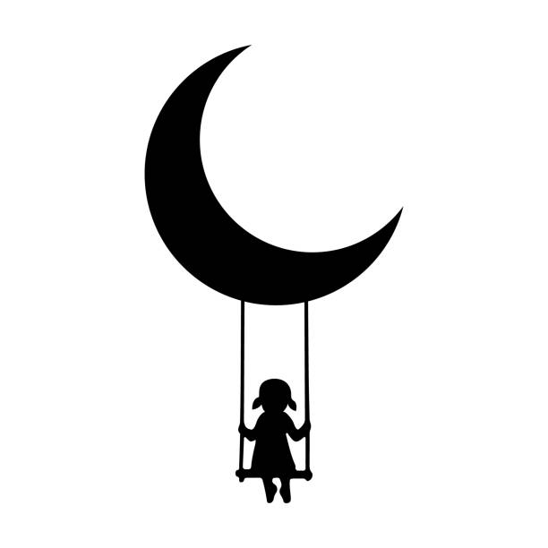 ilustraciones, imágenes clip art, dibujos animados e iconos de stock de vector girl balanceándose desde crescent moon - swing child silhouette swinging