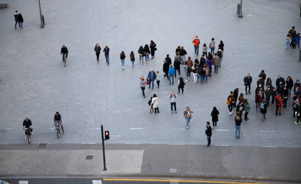 aerial view of people and cars on the street stock photo